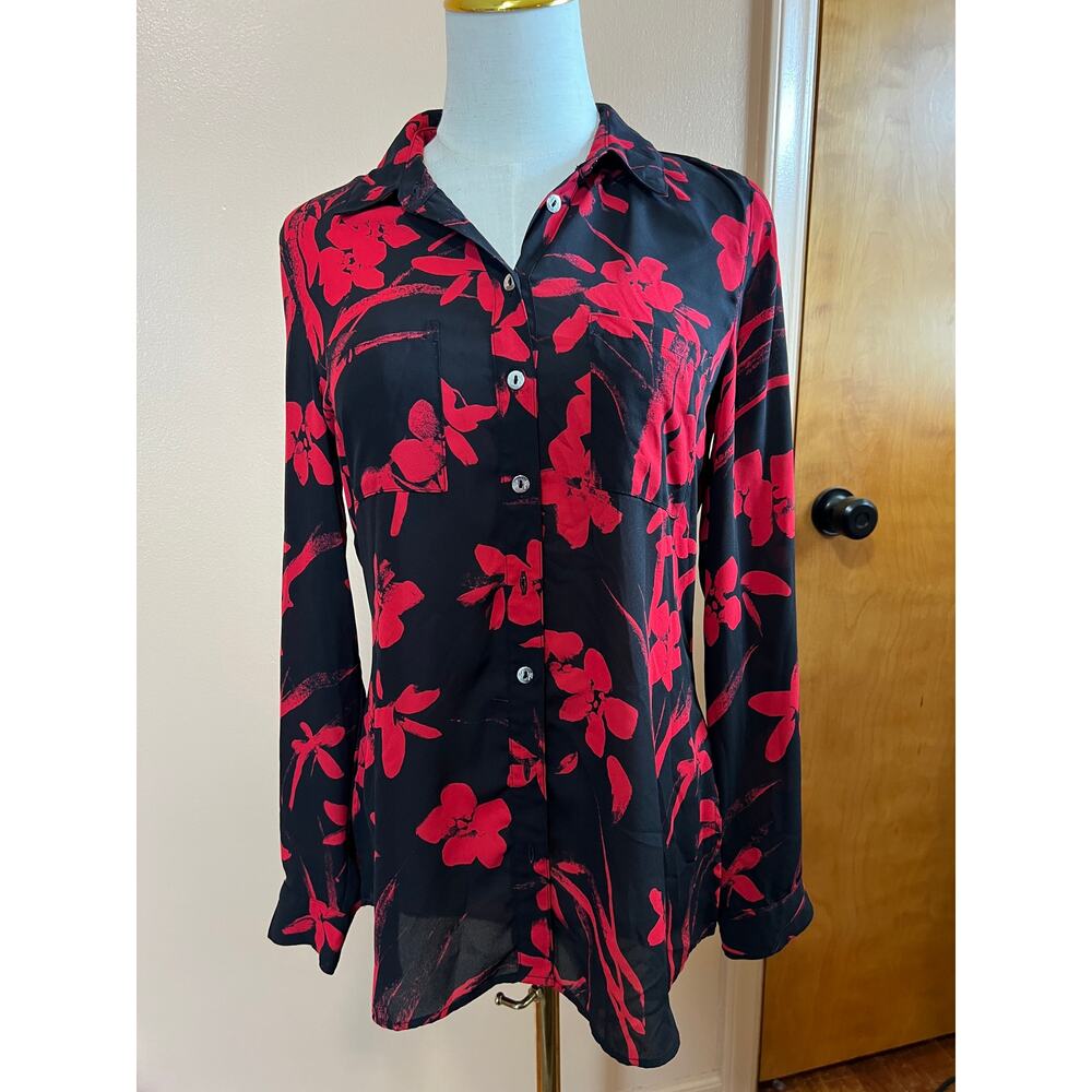 Guess Est 1981 Black Red Floral Button Down Blouse Long Sleeve Women's S